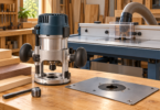 Illustration of a woodworking router and mounting plate on a bench beside a guarded router table