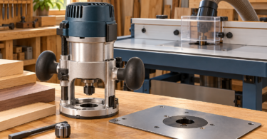 Illustration of a woodworking router and mounting plate on a bench beside a guarded router table