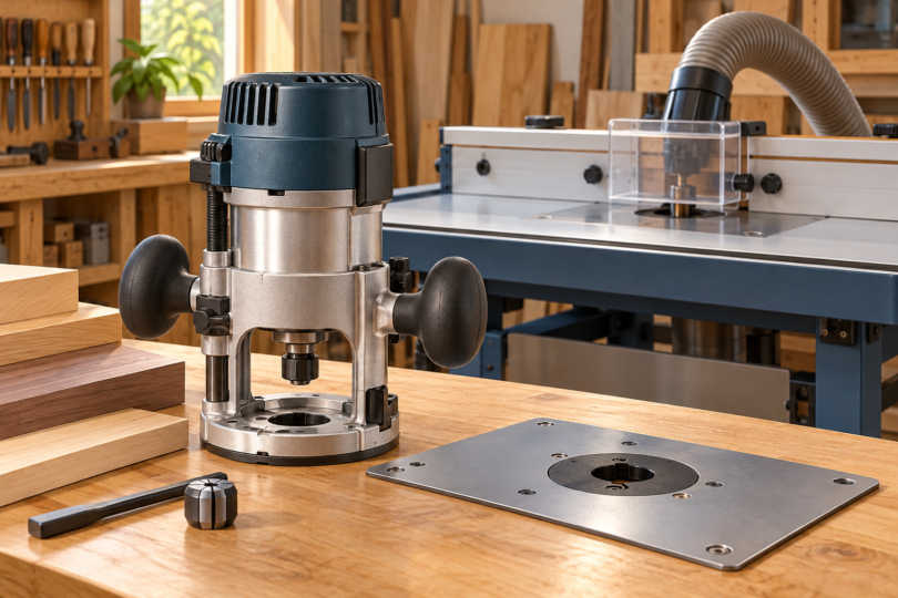 Illustration of a woodworking router and mounting plate on a bench beside a guarded router table