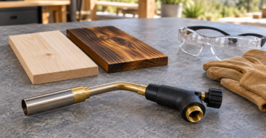 An unlit, disconnected torch head lies on a gray work surface beside pale and dark-grained wood samples, safety glasses and leather gloves.