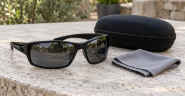 Black wraparound sunglasses beside a closed black case and folded gray cleaning cloth on a stone table.