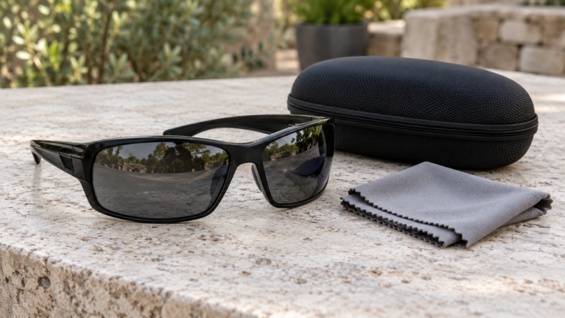 Black wraparound sunglasses beside a closed black case and folded gray cleaning cloth on a stone table.
