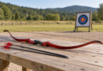 A red recurve bow and two arrows resting on a wooden bench with an archery target in the background.