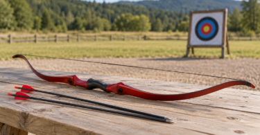A red recurve bow and two arrows resting on a wooden bench with an archery target in the background.