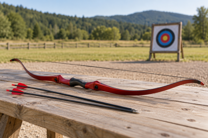 A red recurve bow and two arrows resting on a wooden bench with an archery target in the background.
