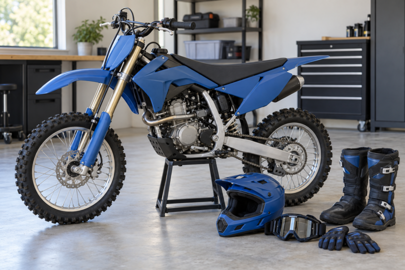 Unbranded blue dirt bike on a stand beside a full-face helmet, goggles, gloves and tall riding boots in a garage.
